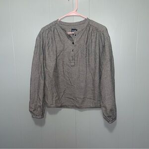 Gap Shirred Long Sleeve Houndstooth Checkered Black and White Henley Top Medium